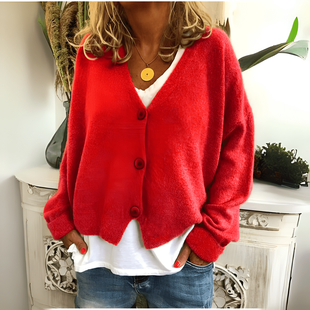 Primadon Damenpullover Rot / S Weicher Cardigan für Damen entspannt V-Ausschnitt vielseitig Frühling Herbst