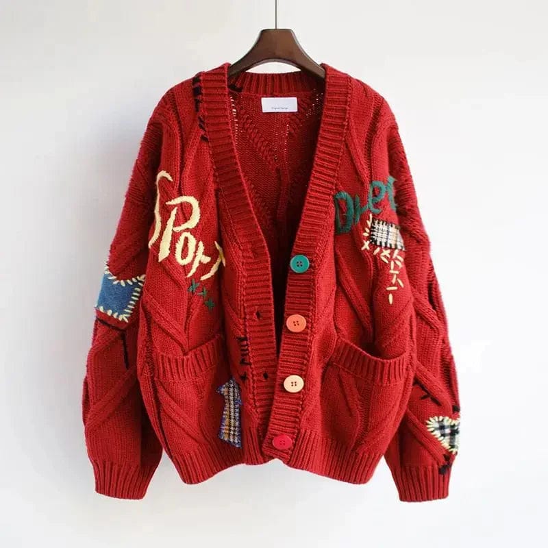 Primadon Damenpullover Rot / Standardgröße Weicher Cardigan für Damen mit V-Ausschnitt Patchwork-Stickerei Herbst Acryl