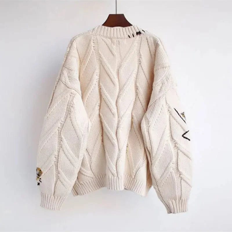 Primadon Damenpullover Weicher Cardigan für Damen mit V-Ausschnitt Patchwork-Stickerei Herbst Acryl