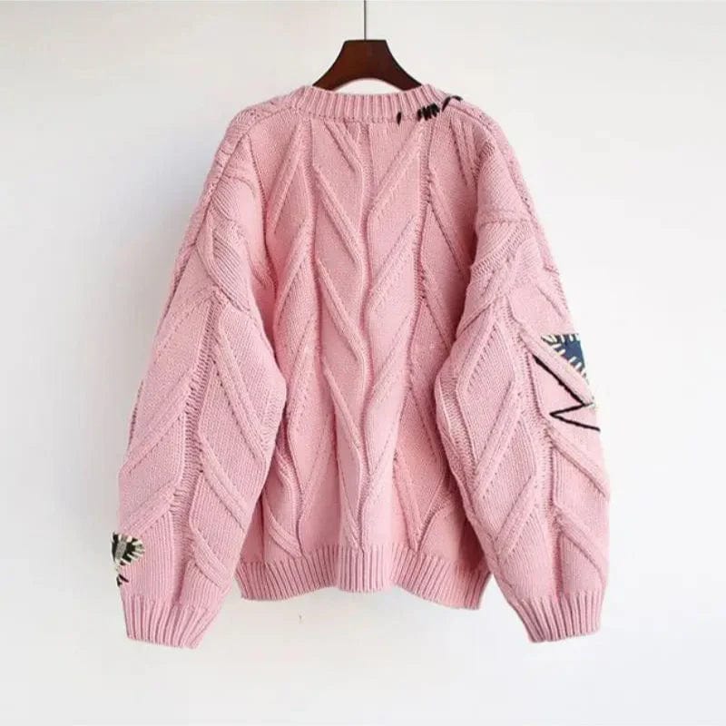 Primadon Damenpullover Weicher Cardigan für Damen mit V-Ausschnitt Patchwork-Stickerei Herbst Acryl