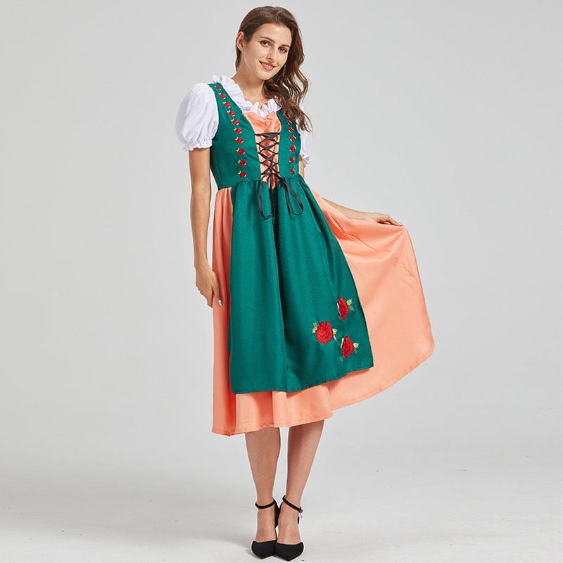 Primadon Dirndl Grün / Pfirsich / XS Greta | Elegantes Midi-Dirndl für Damen Herbst