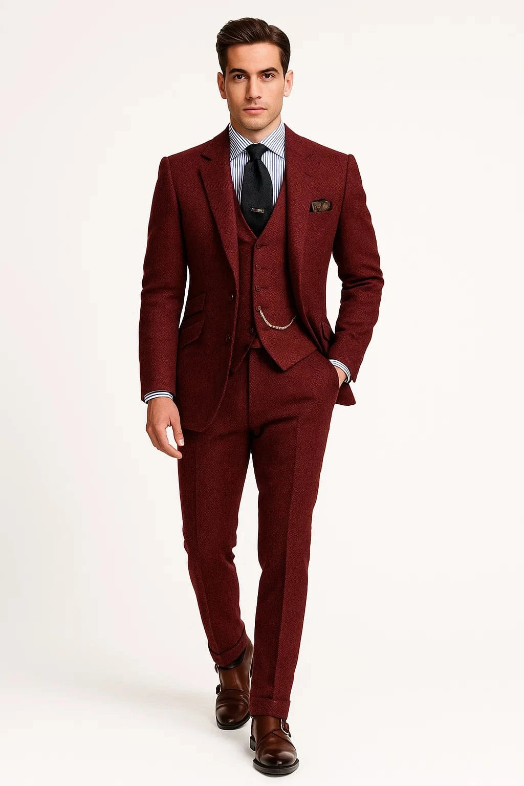 Primadon Herrenanzüge Burgunderrot / XS Anton eleganter Tweed Smoking Anzug für Herren maßgeschneidert