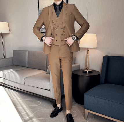 Primadon Herrenanzüge Khaki / S André | Eleganter 3-Teiliges Anzug Set für Herren Hochzeit