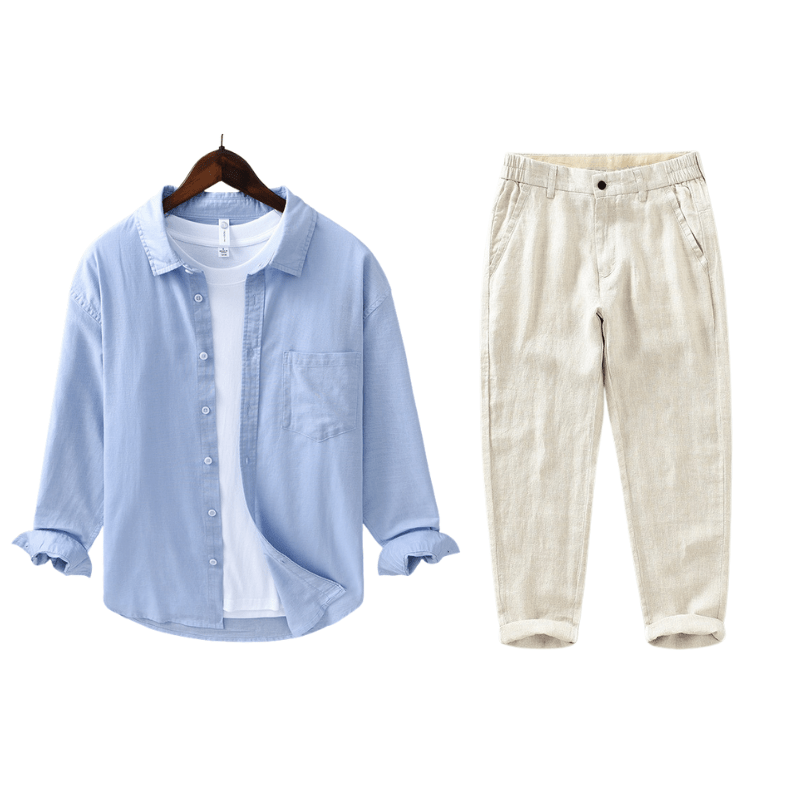 Primadon Hosen Hellblau | Beige / XS Christoph | Elegantes Leinen-Set für Damen Sommer