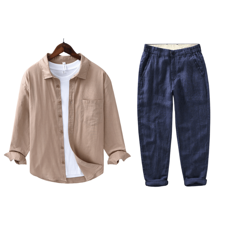 Primadon Hosen Tan | Marine / XS Christoph | Elegantes Leinen-Set für Damen Sommer