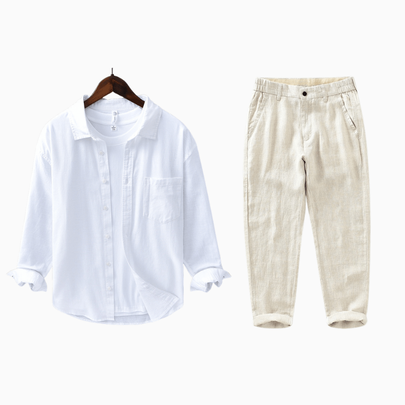 Primadon Hosen Weiß | Beige / XS Christoph | Elegantes Leinen-Set für Damen Sommer