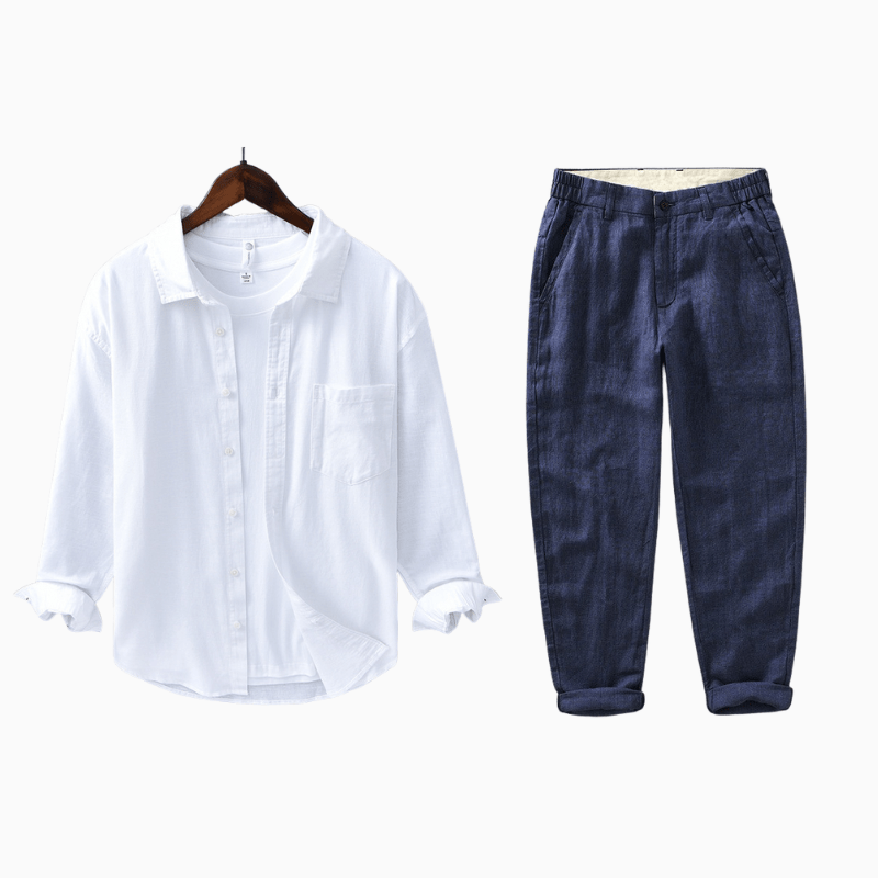 Primadon Hosen Weiß | Marine / XS Christoph | Elegantes Leinen-Set für Damen Sommer
