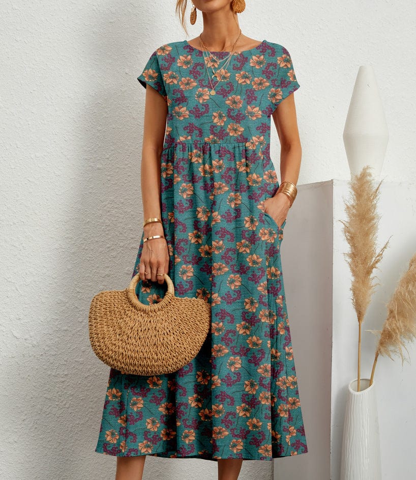 Primadon Kleider Grün mit gelben Blumen / S Joséphine | Elegantes Blumenkleid für Damen Sommer