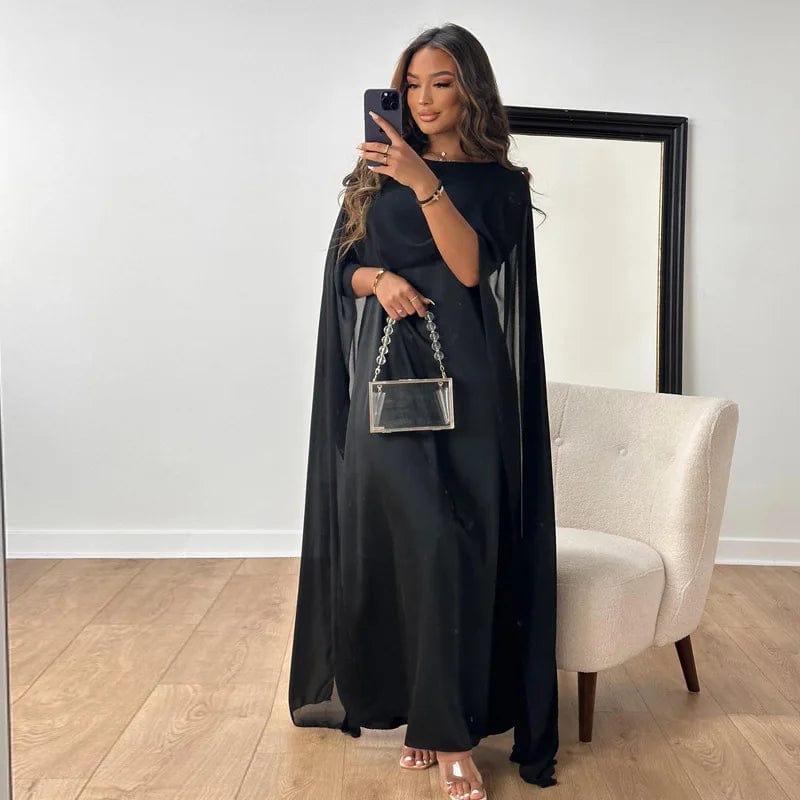 Primadon Kleider Schwarz / S Alina | fließendes Maxikleid für Damen Cape-Ärmel