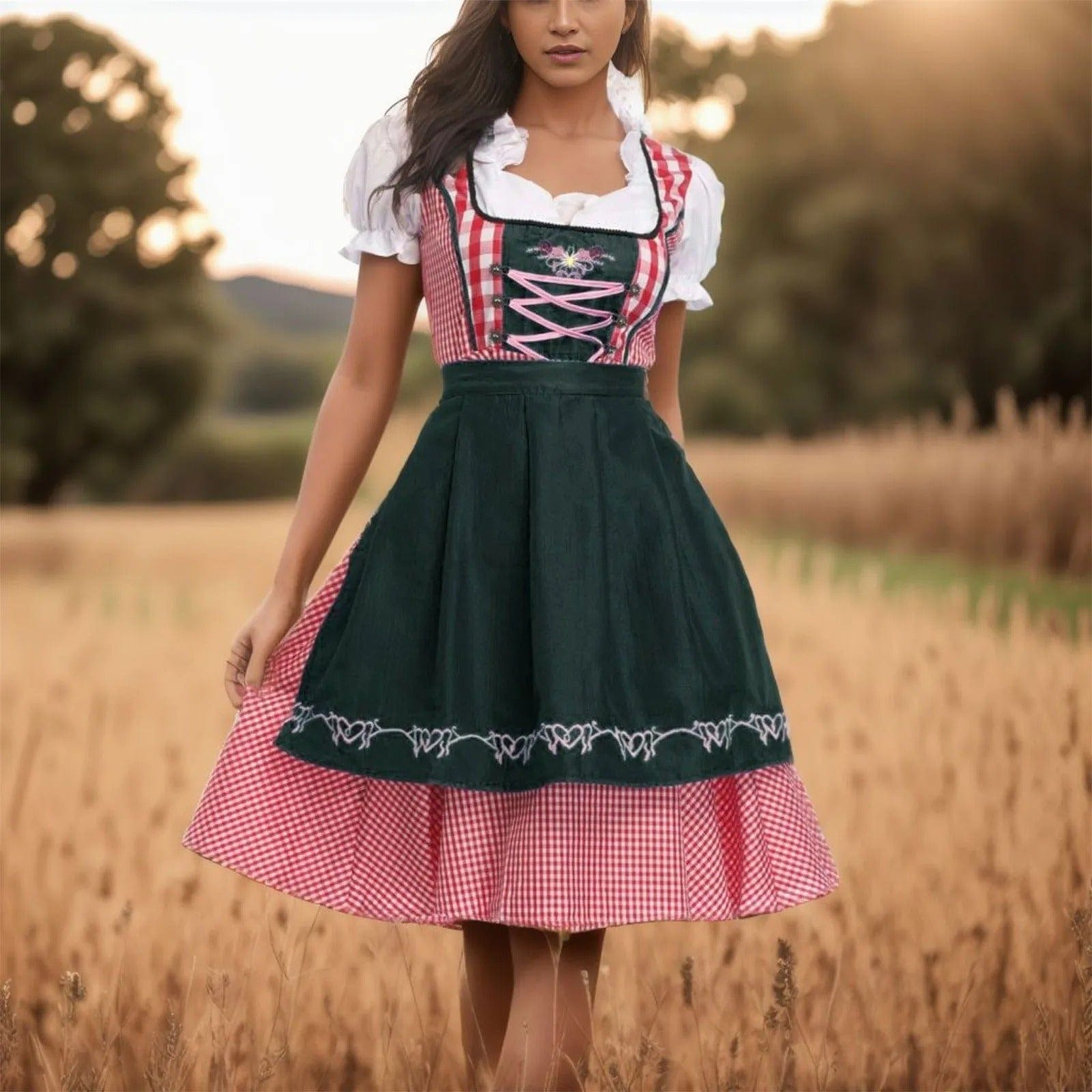 Primadon Lässige Kleider Grün / S Monika | Elegantes Dirndl für Damen Oktoberfest Baumwolle