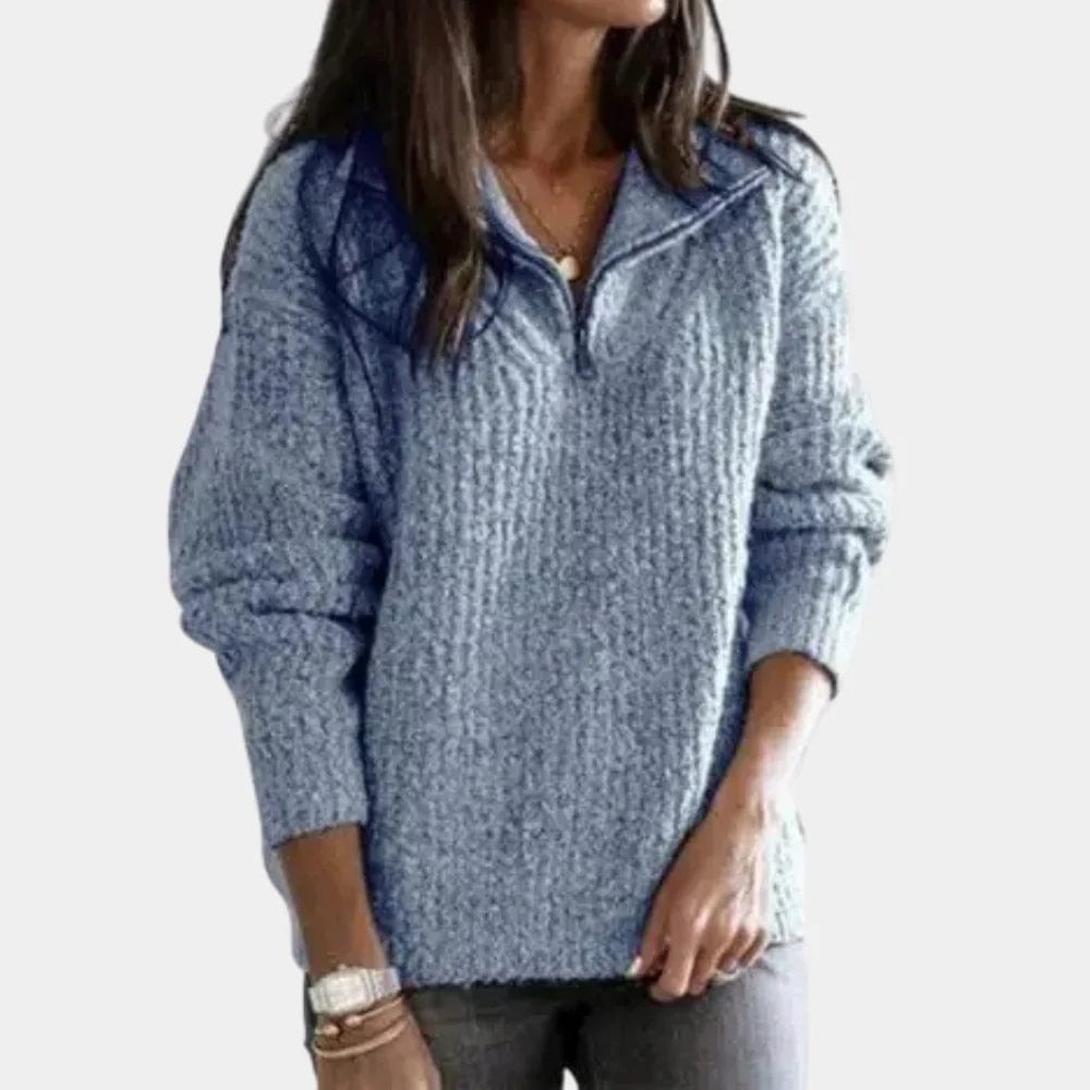 Primadon Pullover Blau / XS Eleganter Damenpullover aus Baumwolle ganzjährig vielseitig mit halbem Reißverschluss
