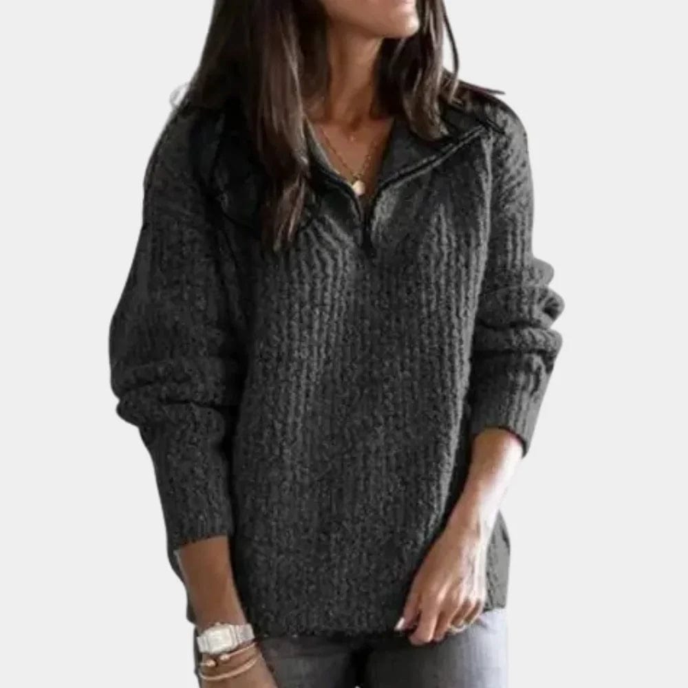 Primadon Pullover Dunkelgrau / XS Eleganter Damenpullover aus Baumwolle ganzjährig vielseitig mit halbem Reißverschluss