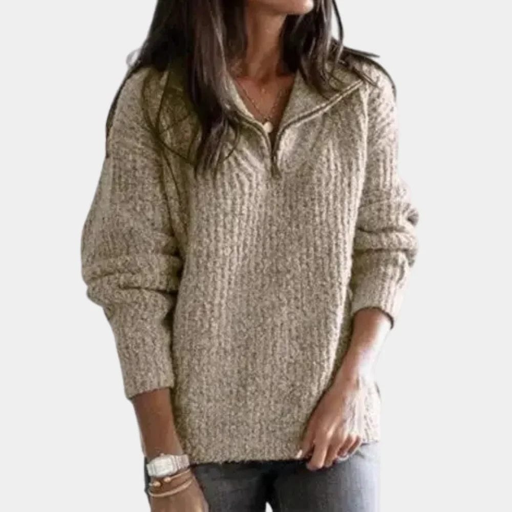Primadon Pullover Khaki / XS Eleganter Damenpullover aus Baumwolle ganzjährig vielseitig mit halbem Reißverschluss