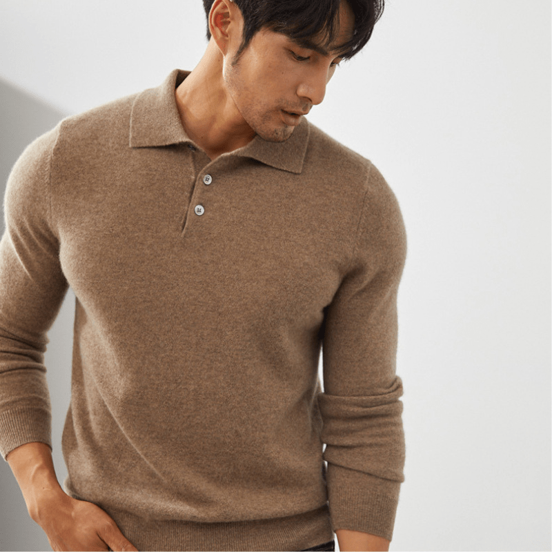 Primadon Pullover Khaki / XS Florian | Eleganter Cashmere-Polo-Pullover für Herren