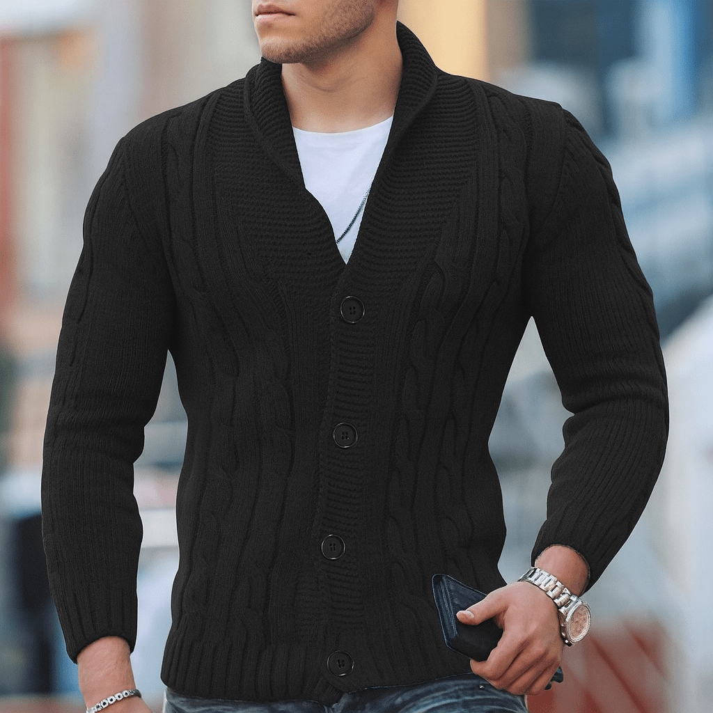 Primadon Pullover Schwarz / S Eleganter Cardigan für Herren warm aus Baumwolle Slim Fit