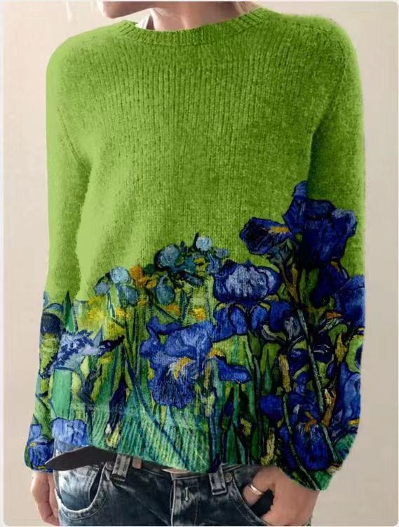 Primadon Pullover Smaragdgrün / XS Sofia | Eleganter Damenpullover aus Baumwolle mit Blumendruck