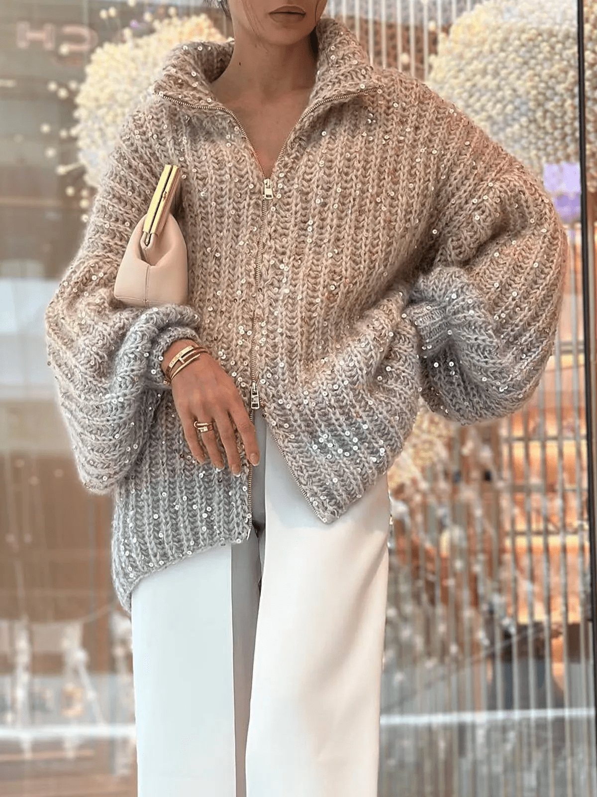 Primadon Pullover & Strickjacken Beige / S Vera Damen Strickjacke | Viskose-Baumwoll-Mischung, Festlich mit Pailletten