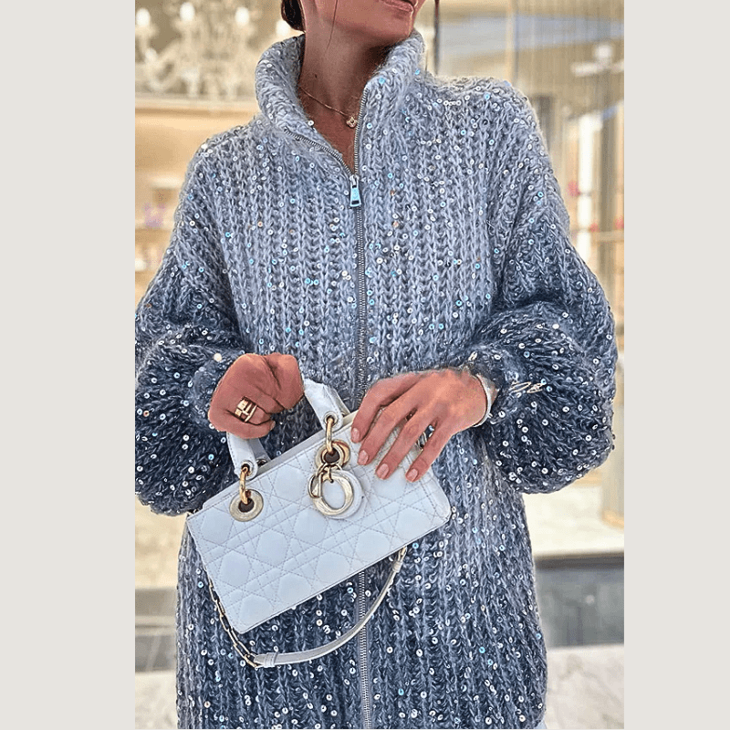 Primadon Pullover & Strickjacken Blau / S Vera Damen Strickjacke | Viskose-Baumwoll-Mischung, Festlich mit Pailletten