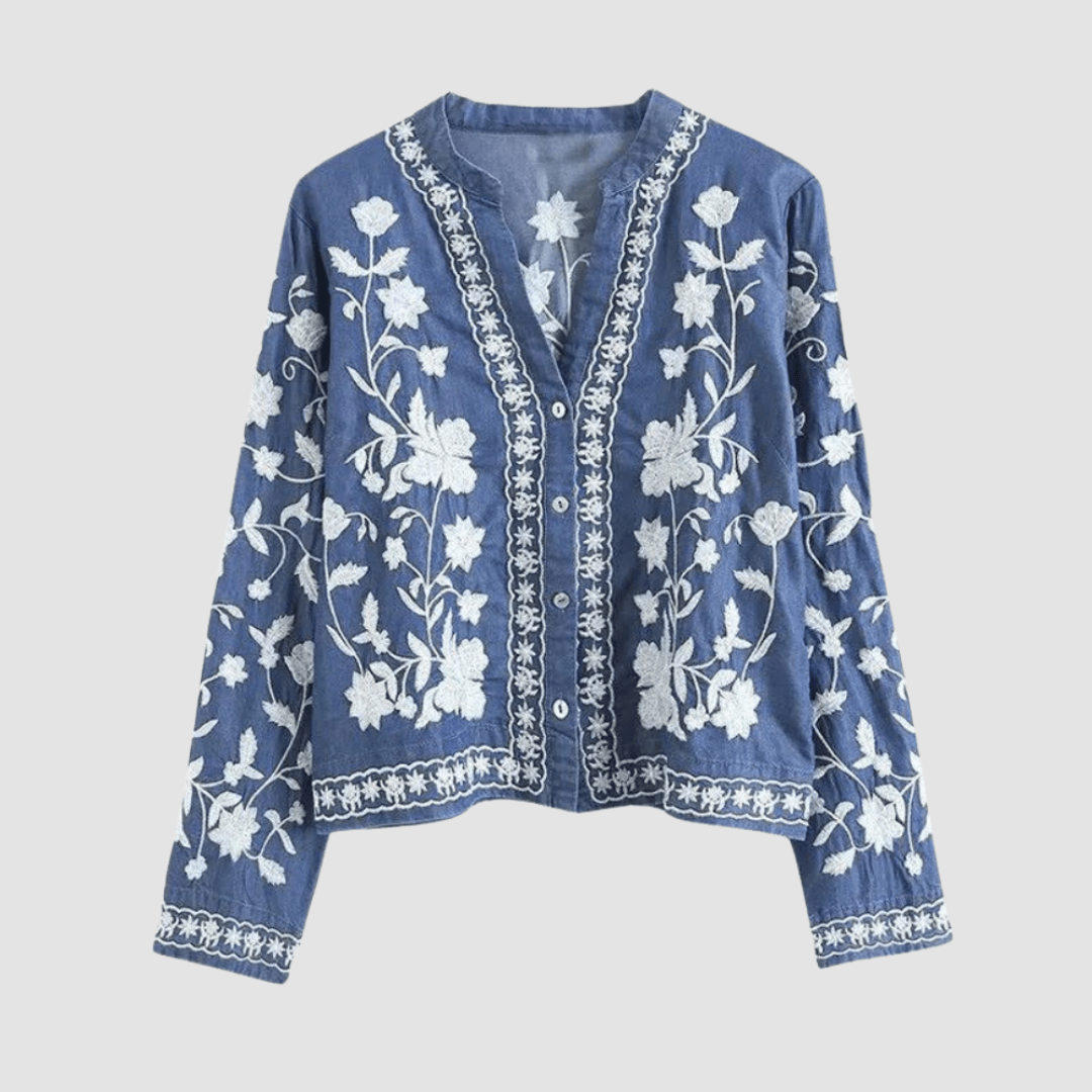 Primadon Pullover & Strickjacken Blau / XS Eleganter Cardigan für Damen mit Blumenstickerei Baumwollmischung Bohemian Stil