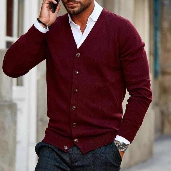 Primadon Pullover & Strickjacken Dunkelrot / S Weicher Cardigan für Herren klassisch Baumwollmischung Frühling Herbst