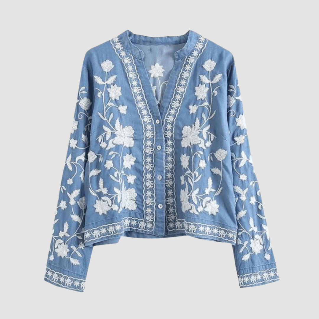 Primadon Pullover & Strickjacken Hellblau / XS Eleganter Cardigan für Damen mit Blumenstickerei Baumwollmischung Bohemian Stil