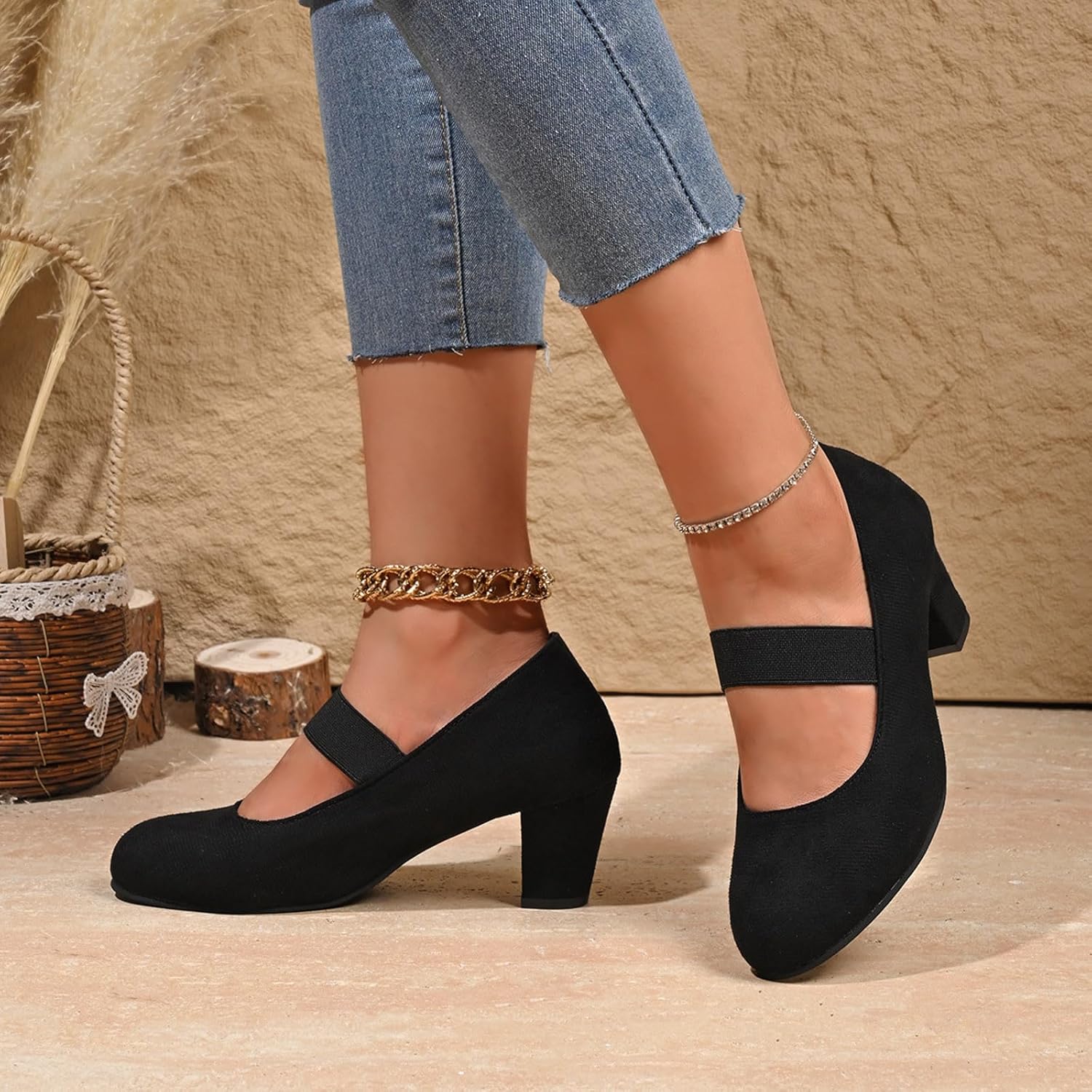 Primadon Pumpen Amelie | Bequeme Pumps Schwarz für Damen mit Elastikriemen