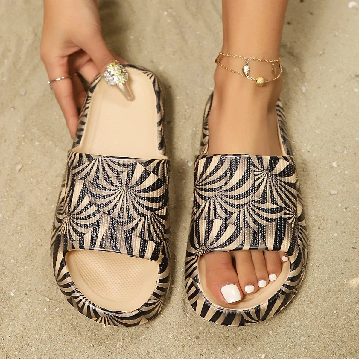 Primadon Sandalen Khaki / 42-43 Tara | modische Slides für Damen Sommer Zebra