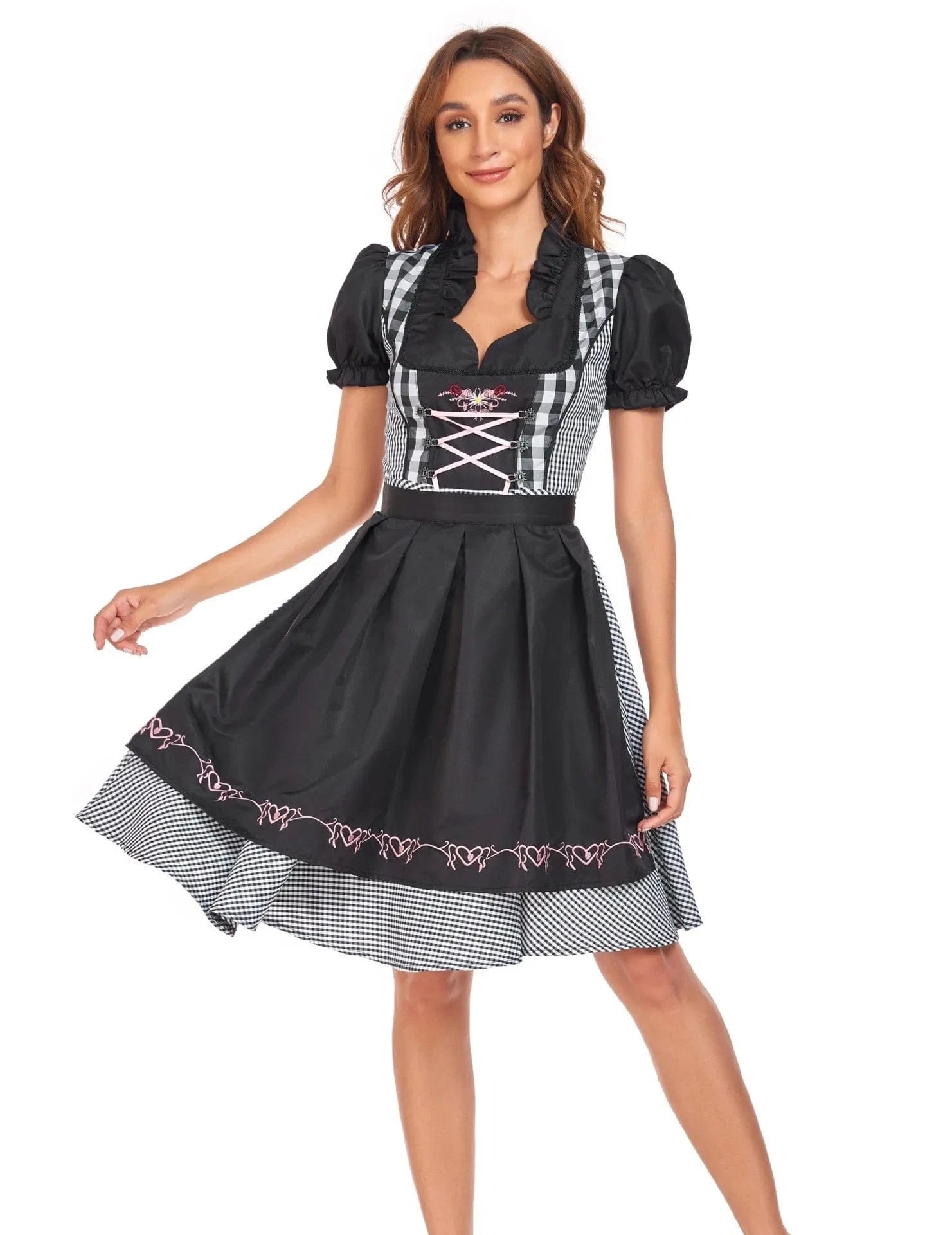 Primadon Traditionelle Kleider Dunkel Schwarz / 2XL Amelie | Elegantes Karomuster Dirndl für Damen Oktoberfest