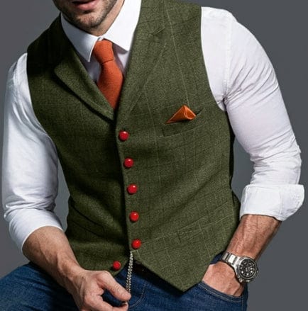 Primadon Westen Olivgrün / XS Anton | Elegante Herrenweste mit Reverskragen Sommer